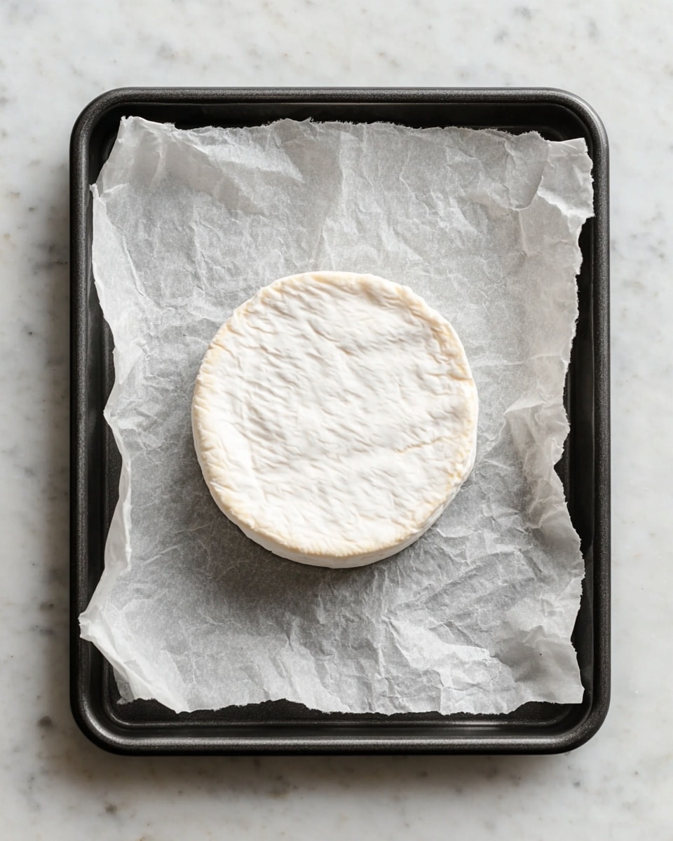 A single round, white cheese with a slightly wrinkled and soft textured rind sits in the center of a dark baking tray. The tray is lined with a crinkled white parchment paper that covers the entire surface, with edges rising up unevenly around the cheese. The background is a white marbled texture visible around the tray, giving a clean and bright look. photo taken with an iphone --ar 4:5 --v 7