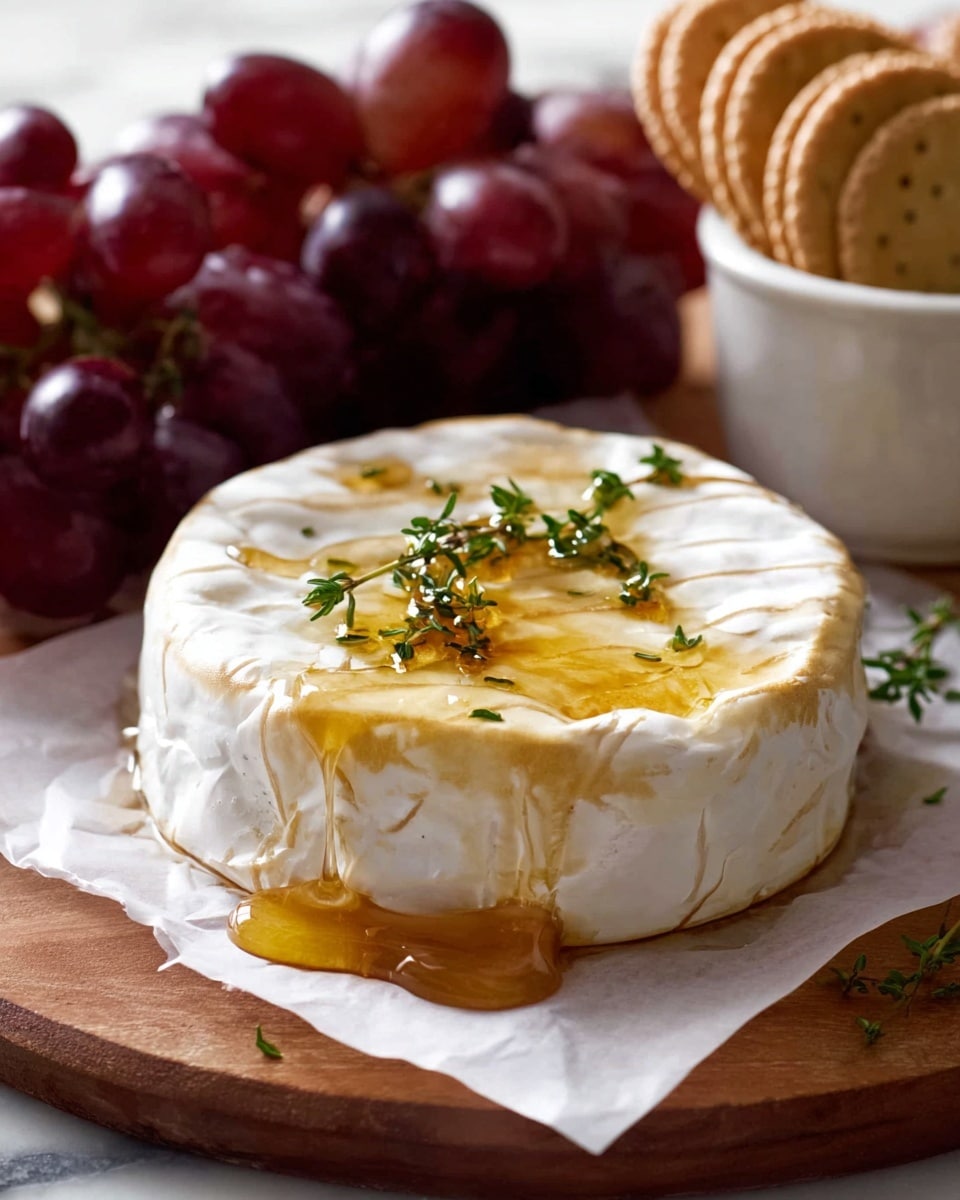 A whole round white soft cheese with a smooth, slightly wrinkled surface is placed on white parchment paper. The cheese is topped with golden honey dripping down its sides and a small green sprig of thyme set gently on top. Behind the cheese, a bunch of shiny dark red grapes fills the background. To the side, plain light brown crackers stand upright in a white bowl, adding texture to the scene. All items are arranged on a wooden board with a white marbled surface underneath photo taken with an iphone --ar 4:5 --v 7
