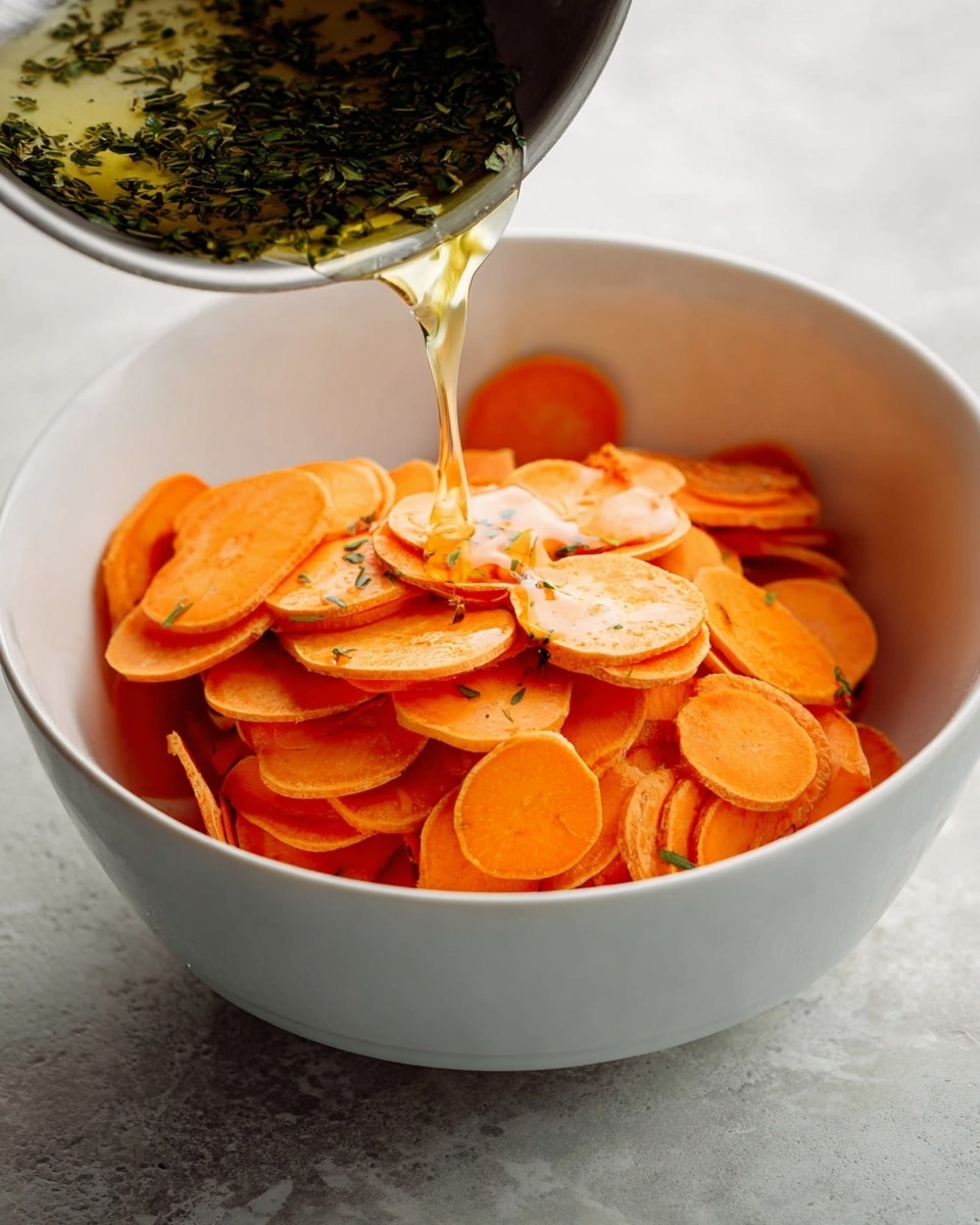 A white bowl filled with thin, round slices of bright orange sweet potatoes stacked loosely inside. A metal pan is pouring a golden, slightly oily liquid with small green herb pieces over the top of the sweet potato slices. The bowl sits on a white marbled textured surface. The image shows the fresh layers of sweet potatoes clearly with the shiny drizzle flowing down. photo taken with an iphone --ar 4:5 --v 7