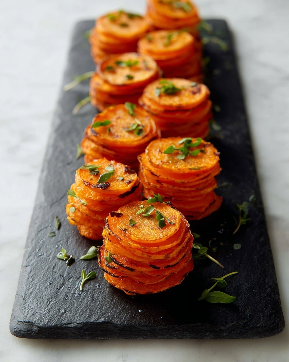 There are ten small stacks made of thin, round orange slices, likely sweet potatoes, arranged neatly in two rows on a long, dark slate serving board placed on a white marbled surface. Each stack has about seven to eight layers of the orange slices, with some small green herb leaves scattered on top and around the stacks. The edges of the slices show some slight browning, adding a crispy texture look. Photo taken with an iphone --ar 4:5 --v 7