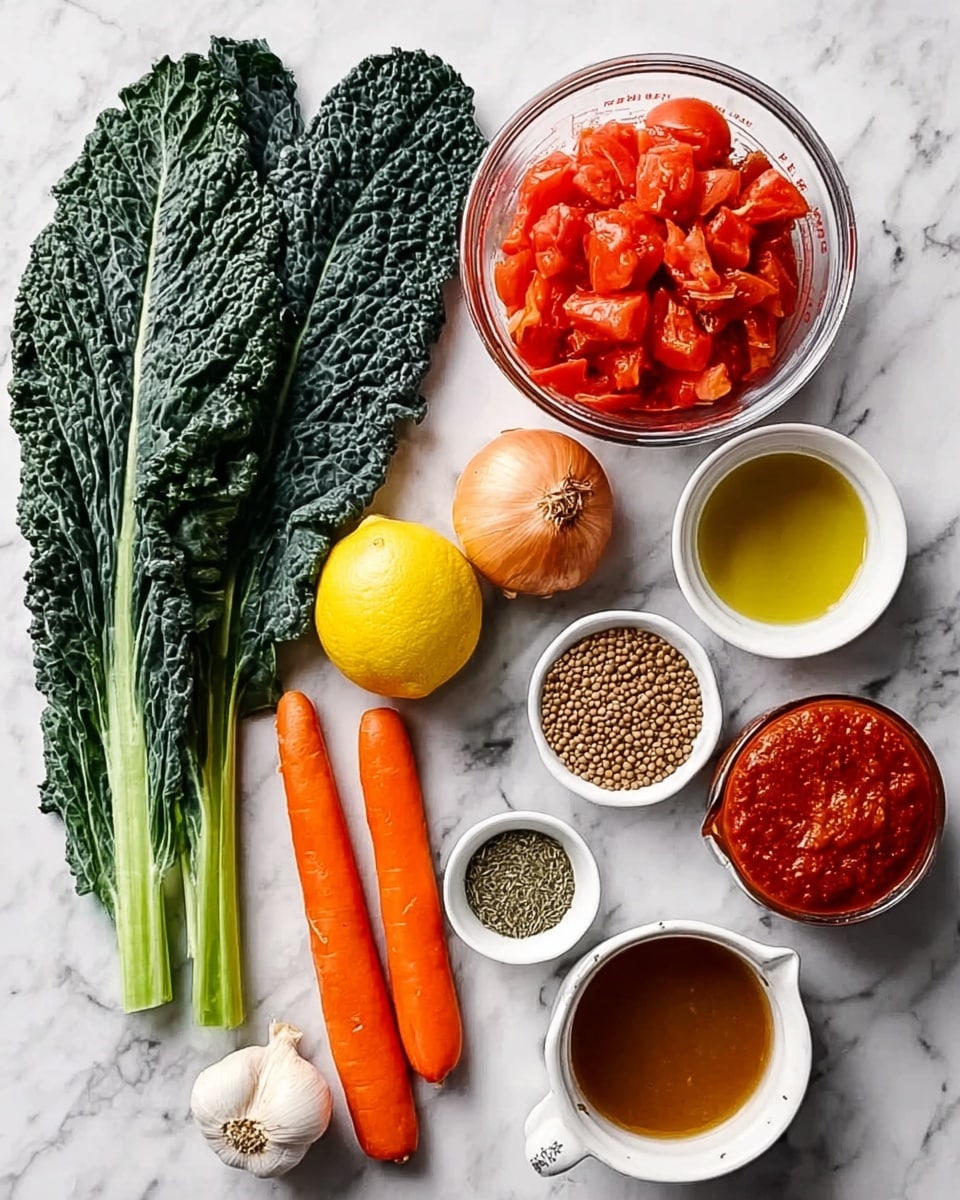 A white marbled surface holds a neat arrangement of fresh and dry ingredients: two large dark green kale leaves with visible veins lay on the left; next to them are a whole garlic bulb, a medium-sized onion, two bright orange carrots, and three green celery stalks lying parallel. Above, a whole lemon sits next to a clear glass bowl filled with chunky red tomatoes. To the right, a white measuring cup contains light brown broth. Small white bowls hold light brown lentils, coarse salt and pepper, a mix of dried herbs and spices, a shiny golden liquid, and thick red tomato paste. The colors contrast vividly against the white marble background, highlighting natural textures of fresh vegetables and spices. photo taken with an iphone --ar 4:5 --v 7