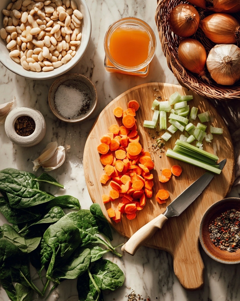 A wooden board placed on a white marbled surface holds a vibrant arrangement of chopped and whole vegetables including bright orange sliced carrots, thicker carrot sticks, and pale green diced celery with one celery stalk. A knife with a light wooden handle lies on the board beside the carrots. Surrounding the board are fresh dark green spinach leaves scattered loosely. To the left sits a white bowl filled with creamy white beans. Near the top center is a small square jar with an orange liquid inside. A basket filled with whole and halved shallots and garlic cloves is on the upper right. Additional herbs and spices, salt in a small white dish and mixed dried spices on a brown plate, add texture to the scene. The lighting is warm and natural, photo taken with an iphone --ar 4:5 --v 7