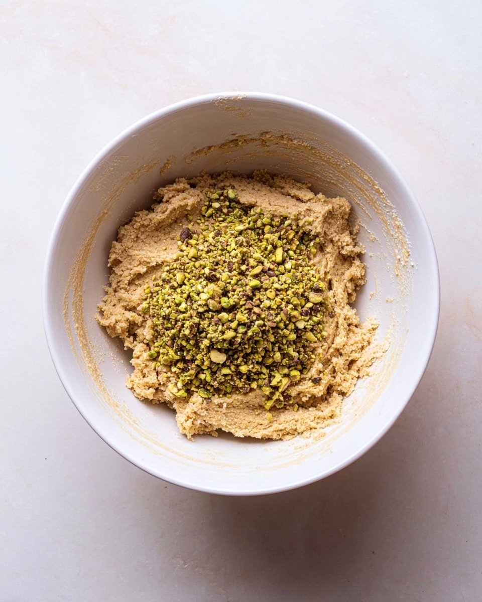 A white bowl sits on a white marbled surface, filled with two layers. The bottom layer is a light brown dough with a rough and somewhat fluffy texture, covering most of the bowl. On top in the center is a pile of chopped green pistachios, uneven in size, spreading slightly outward but not fully mixed in. The bowl has some dough marks along the inside edges. Photo taken with an iphone --ar 4:5 --v 7