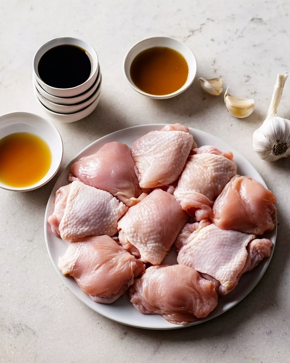 A white plate holds nine raw pink chicken thighs arranged closely in a neat layer, showing smooth and slightly shiny skin and soft texture. To the left of the plate, there are four small white bowls stacked vertically, each filled with different sauces or liquids in shades of dark brown, light brown, and amber. Above the bowls, two whole garlic cloves rest on a white marbled surface, adding detail to the scene. The image is evenly lit with natural light that highlights the freshness of the chicken and the color contrast of the sauces, photo taken with an iphone --ar 4:5 --v 7