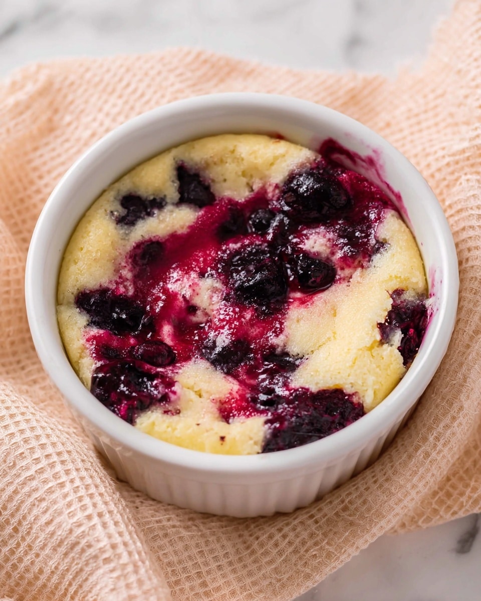 A small white round dish shows a dessert with a soft and fluffy pale yellow cake layer that fills most of the bowl, dotted with dark purple blueberry pieces and streaks of bright red berry sauce spread over the top layer. The cake's texture looks moist and slightly spongy, with berry juices melting into the batter in irregular patches. The dish rests on a light peach waffle-textured cloth, set against a white marbled surface. photo taken with an iphone --ar 4:5 --v 7