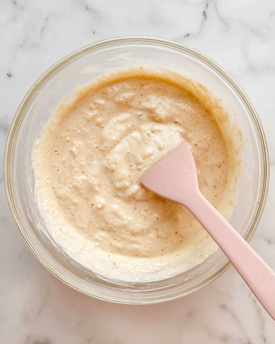 A clear glass bowl filled with a creamy, light beige batter that has small lumps and specks throughout. A pale pink silicone spatula is partially submerged in the batter, showing a smooth, thick texture with some airy bubbles. The bowl is placed on a white marbled surface. photo taken with an iphone --ar 4:5 --v 7