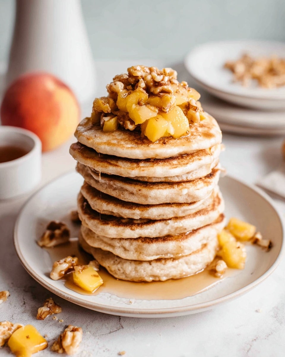 A stack of seven thick pancakes with a light golden-brown color and soft texture sits in the center of a white plate on a white marbled surface. On top of the stack is a chunky topping made of small yellow fruit pieces and crunchy brown nuts, with a shiny drizzle of syrup slowly running down the sides onto the plate. Around the plate are a few scattered pieces of the topping. In the blurred background are some white plates stacked on each other, a peach, and a small bowl of syrup. photo taken with an iphone --ar 4:5 --v 7