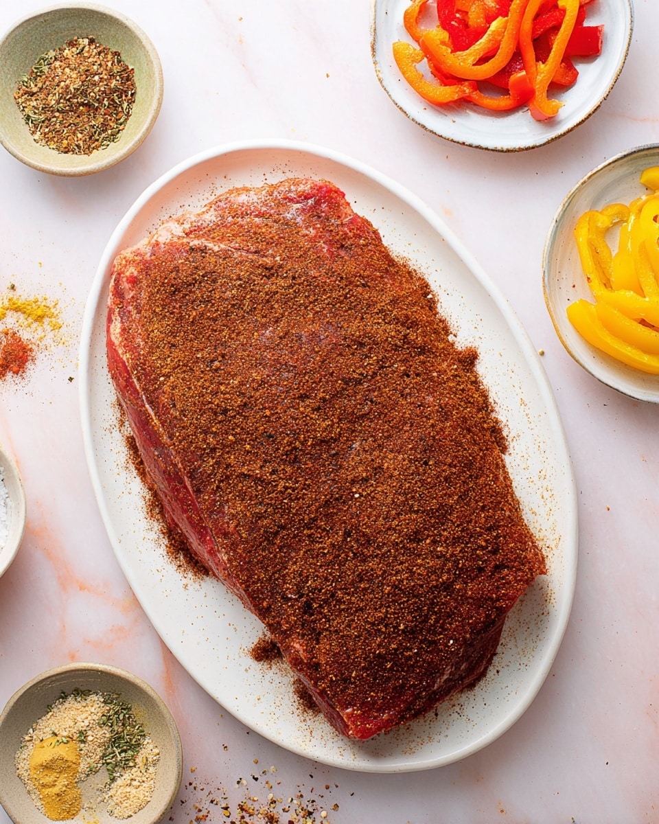 A large raw red meat piece lies flat on a white oval plate, fully covered with a thick layer of dark brown and orange spice rub, giving it a rough and grainy texture. Around the plate on a white marbled surface, several small bowls contain more spices and sliced yellow and red bell peppers, showing a mix of vibrant colors. The whole setup appears clean and bright with the spices scattered lightly outside the plate edges. photo taken with an iphone --ar 4:5 --v 7