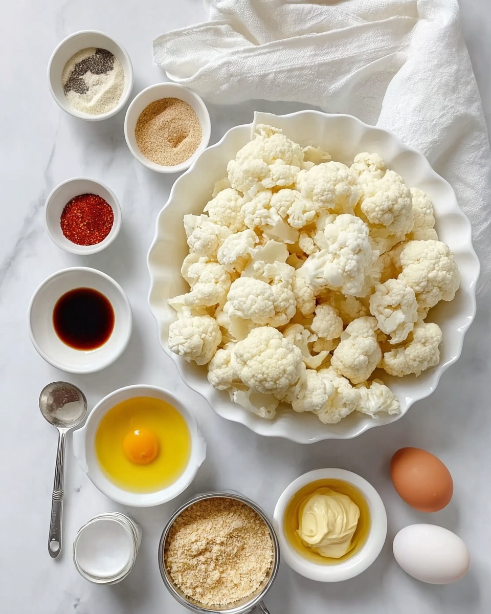 A white scalloped bowl filled with many pieces of white cauliflower florets sits in the lower right. Around the bowl, on a white marbled surface, are several small white bowls holding different ingredients: a bowl with light brown sugar, a bowl with white salt and black pepper mix, a bowl with light yellow garlic paste, a bowl with golden honey, and a bowl with light yellow oil. There is also a small white bowl with a dark soy sauce, a small white jar with white flour, and a round metal cup filled with light brown breadcrumbs. Two white eggs and a silver measuring spoon with red chili powder are also visible around the main bowl. A white cloth napkin is partly visible at the top. photo taken with an iphone --ar 4:5 --v 7