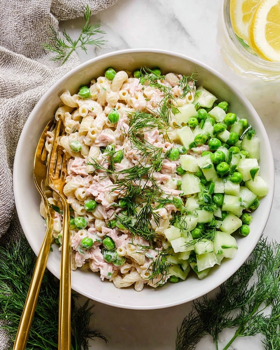 A white bowl filled with a creamy pasta salad that has three layers: the base layer is small, light beige pasta mixed with light pink tuna chunks and bright green peas; on top of that is a layer of diced cucumber pieces that are pale green with dark green edges; the top layer is fresh dill sprigs scattered over the salad adding a feathery green texture. Two shiny gold forks rest inside the bowl on the left side. The bowl sits on a white marbled surface with sprigs of fresh dill nearby and a glass of water with lemon slices partially visible at the bottom right. photo taken with an iphone --ar 4:5 --v 7