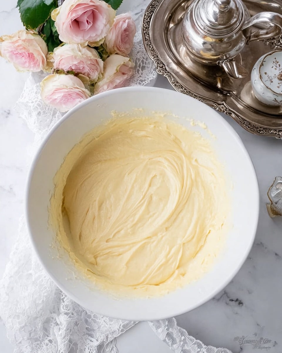 A white bowl filled with smooth, creamy light yellow batter with soft swirls on the surface. The bowl is placed on a white marbled surface with a white lace cloth partially visible nearby. To the side, there is an old silver tea set with a teapot and a sugar bowl on a silver tray. Soft pink roses with green leaves add a gentle touch to the scene. Photo taken with an iphone --ar 4:5 --v 7