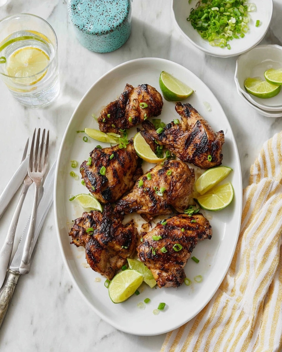 The image shows six grilled chicken pieces on a white oval plate placed on a white marbled surface. The chicken pieces have a dark brown and slightly charred texture with grill marks. Fresh lime wedges are scattered around and under the chicken, adding a bright green and yellow contrast. Small chopped green onions are sprinkled over the chicken and plate. A fork and knife sit on the left side of the plate. In the background, there is a salt container with a speckled blue top, a glass of water with a lemon slice, and a white bowl containing more chopped green onions. A beige striped cloth is placed to the right of the plate. Photo taken with an iphone --ar 4:5 --v 7