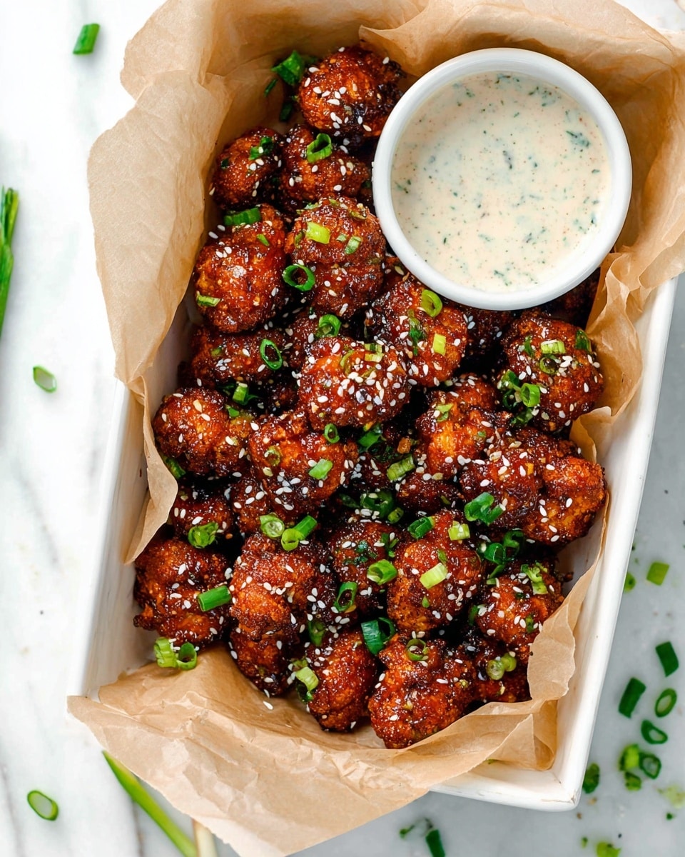 In a white rectangular tray lined with parchment paper, there is a pile of dark golden brown crispy cauliflower bites coated with a shiny glaze. The bites are sprinkled with white sesame seeds and chopped green onions, adding spots of white and bright green color. On the top right side of the tray, a small white round dish holds a creamy dipping sauce with specks of herbs, showing smooth swirls on its surface. The whole scene sits on a white marbled background with scattered pieces of green onion around. photo taken with an iphone --ar 4:5 --v 7