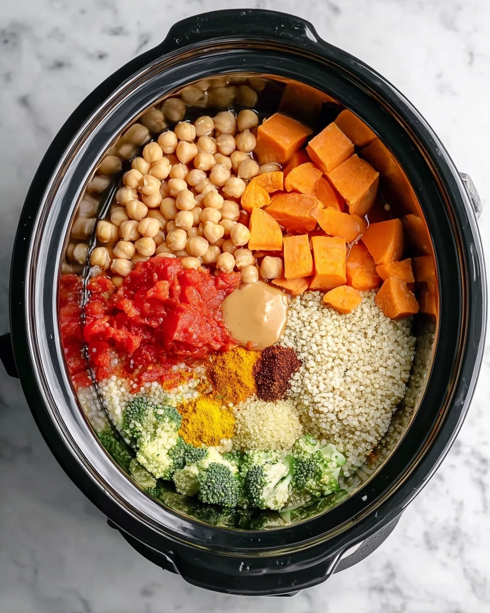 A black slow cooker filled with several distinct layers of ingredients arranged separately and clearly visible. Starting from the top left, there is a cluster of round beige chickpeas, next to them on the top right are orange cubed sweet potatoes. Below the chickpeas is a mound of bright red diced tomatoes on the left side. Moving clockwise, on the right bottom side, there are small white round quinoa grains. Adjacent to the quinoa, there is a small pile of chopped broccoli florets in various green shades. In the center, there is a mound of finely chopped white onions, with a small yellow pile of grated ginger and a light brown round dollop of peanut butter sitting on top of the broccoli. Between the onions and tomatoes are two small spice piles: one yellow turmeric powder and a dark red chili powder. The ingredients rest in a light liquid base. The slow cooker sits on a white marbled surface. Photo taken with an iphone --ar 4:5 --v 7
