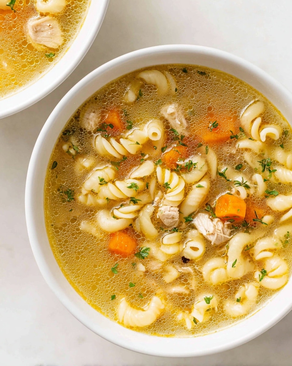 This image shows a close-up of a white bowl filled with clear chicken noodle soup, featuring light yellow broth with visible small oil droplets on top. The soup includes three main layers: a base layer of clear, golden broth; a middle layer of pale yellow curly macaroni pasta pieces; and a top layer with small orange carrot cubes, tiny bits of light brown chicken, and green herb sprigs scattered throughout. The bowl is placed on a white marbled surface, and part of another bowl with similar soup is visible in the background. Photo taken with an iphone --ar 4:5 --v 7