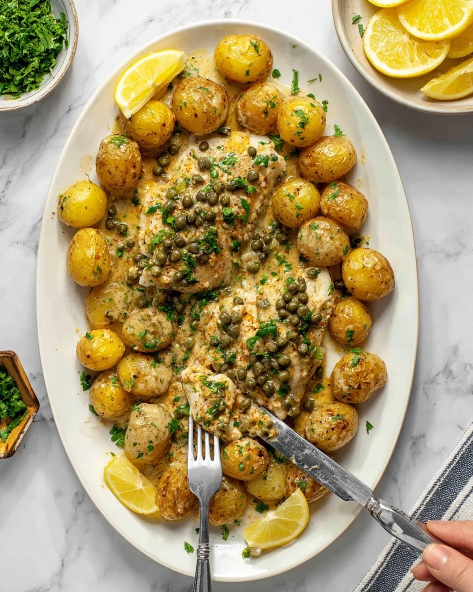 The image shows a white oval plate filled with small golden-brown potatoes and pieces of fish covered in a creamy mustard sauce with visible capers and green herbs sprinkled on top. Lemon wedges are placed on the plate, adding bright yellow contrasts to the dish. A woman's hand holds a fork and knife cutting into the saucy fish on the left side of the plate. The surface under the plate has a white marbled texture, and in the background there are a bowl of chopped green herbs and a small dish with lemon wedges. Photo taken with an iphone --ar 4:5 --v 7