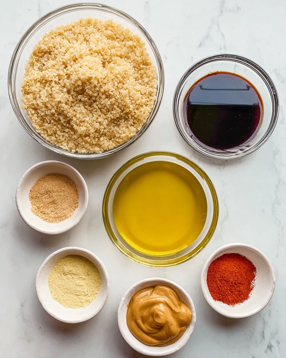 The image shows seven bowls with different ingredients placed on a white marbled surface. There is one large clear bowl filled with uncooked brown rice with a rough texture. Below it, there is a large clear bowl filled with yellow olive oil that looks smooth and shiny. To the right of the rice, there is a medium clear bowl holding dark soy sauce with a glossy surface. Below the soy sauce, a medium clear bowl contains creamy peanut butter with a smooth texture. There are also three small white bowls: the top small bowl holds light brown powder, the middle small bowl has pale yellow powder, and the two smallest bowls at the bottom have reddish-orange powdered spices with fine texture. The bowls are evenly spaced and neatly arranged to show variety. Photo taken with an iphone --ar 4:5 --v 7