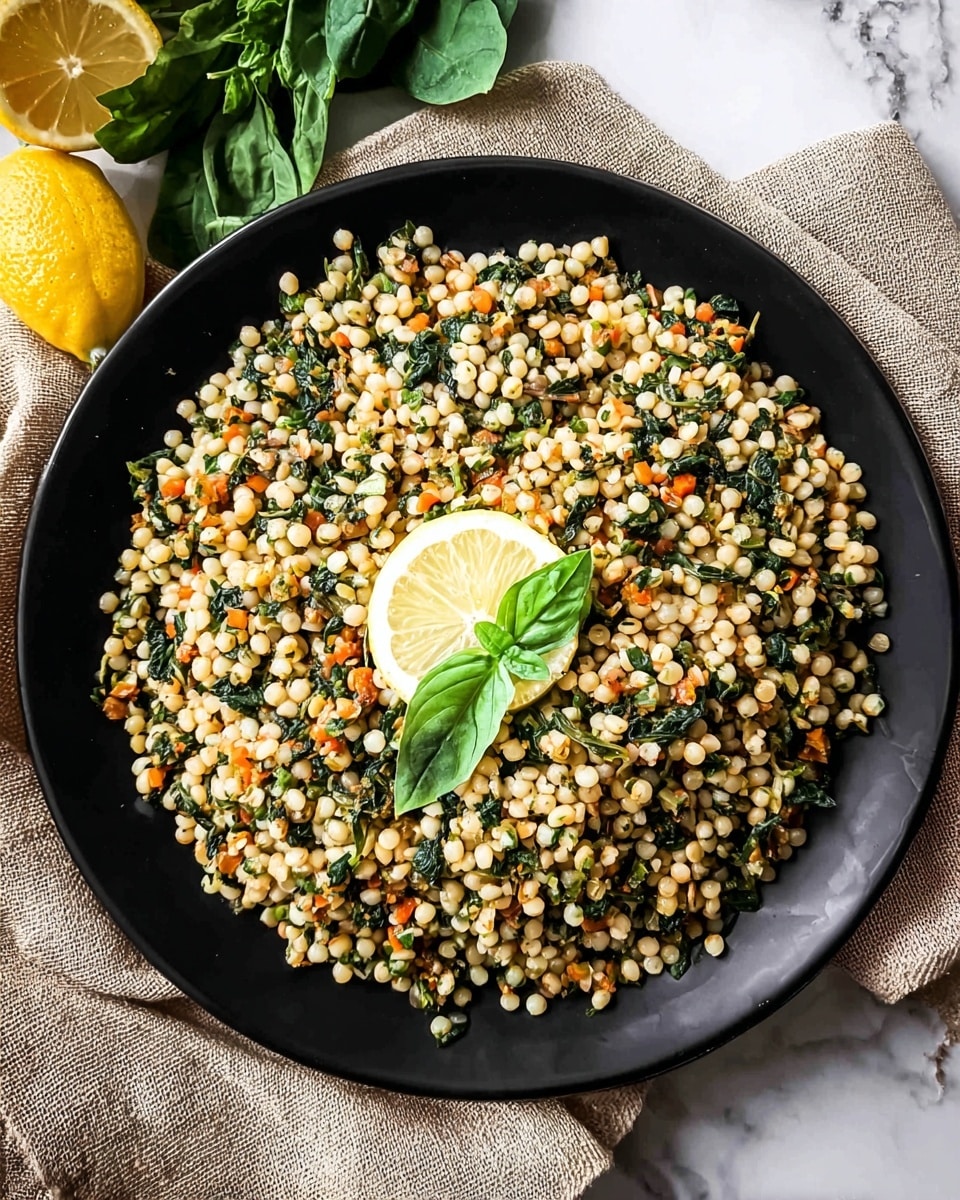 A black round plate filled with a grain salad made of small light beige pearls mixed with tiny orange, green, and dark green bits, likely lentils and spinach, covering the whole plate with a slightly uneven texture. In the center of the salad, there is a thin lemon slice topped with two small green leaves. The black plate sits on a beige cloth and a white marbled surface. Part of a lemon and some fresh green leaves are on the top left side of the image. Photo taken with an iphone --ar 4:5 --v 7