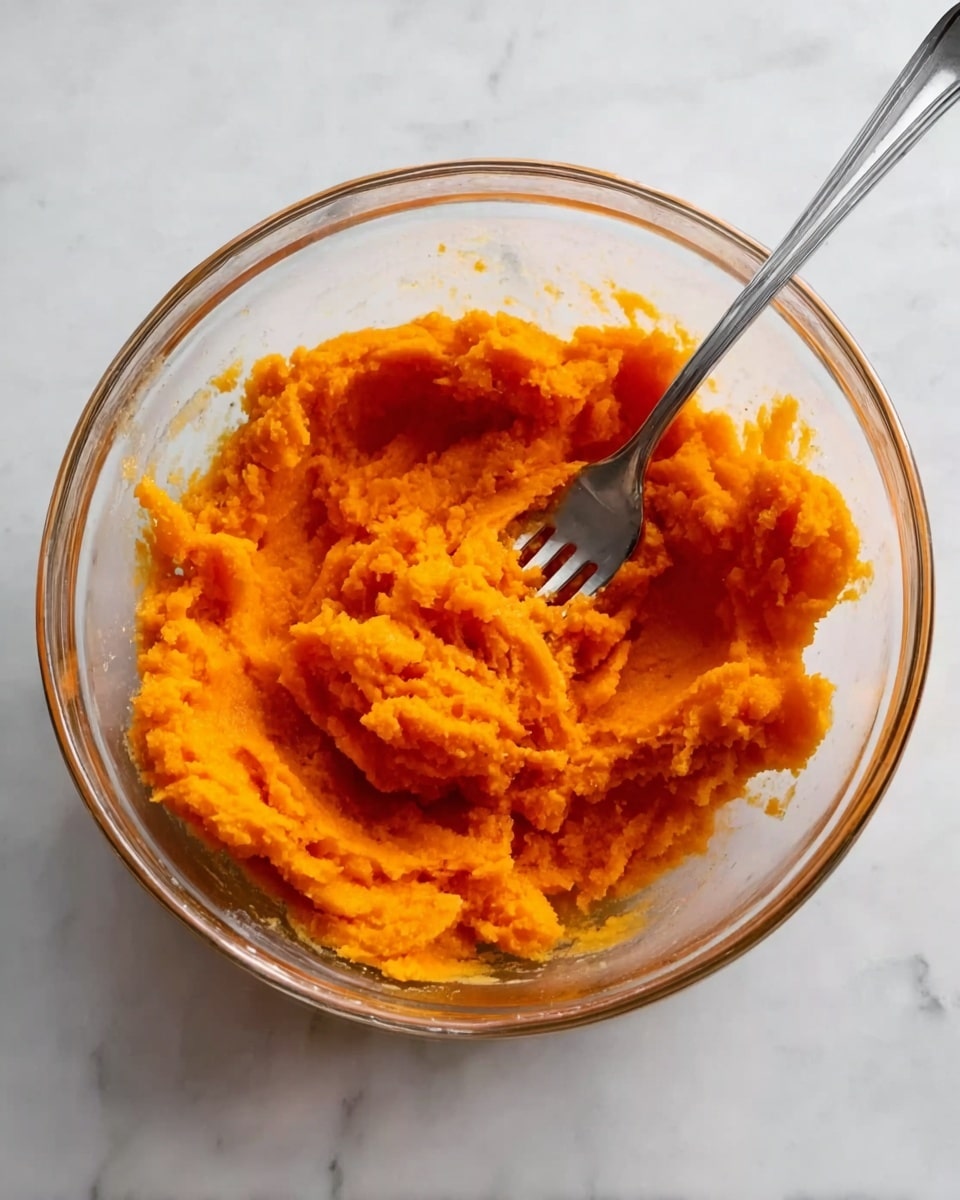 A clear glass bowl filled with bright orange mashed sweet potatoes, the texture smooth with some small lumps. A silver fork rests inside the bowl, slightly buried in the mash with some sweet potato on the fork’s tines. The bowl is placed on a white marbled surface. Photo taken with an iphone --ar 4:5 --v 7