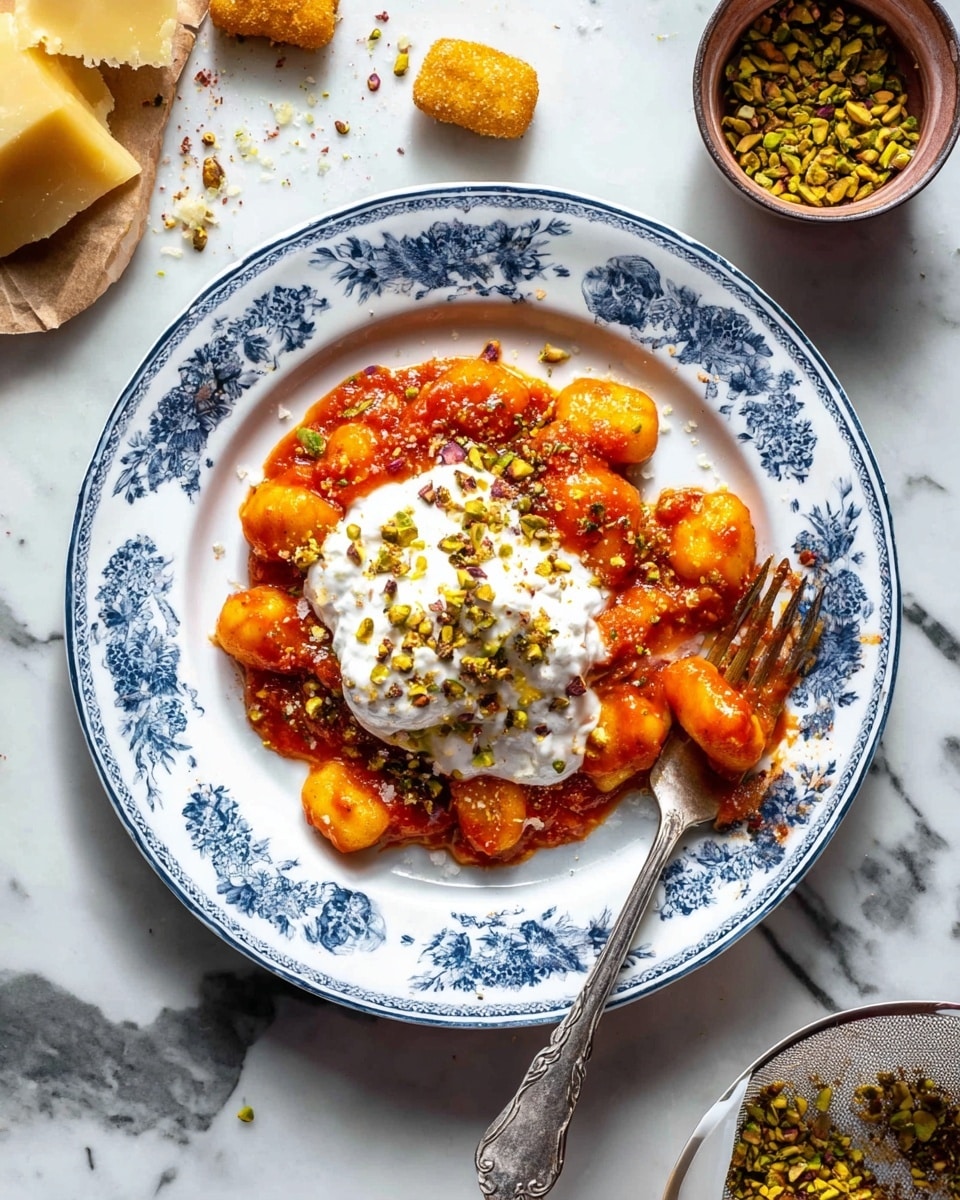 A white plate with blue floral design holds a serving of gnocchi covered in bright red tomato sauce, creating a rich base layer. On top, there is a thick dollop of white creamy cheese, sprinkled lightly with crushed pistachios for green contrast. A vintage silver fork rests on the right side of the plate, partially dipped into the cheese and sauce. Around the plate, there are small yellow-brown fried dough pieces scattered on a white marbled surface, along with a chunk of yellow cheese and a small bowl filled with crushed pistachios nearby. The photo taken with an iphone --ar 4:5 --v 7