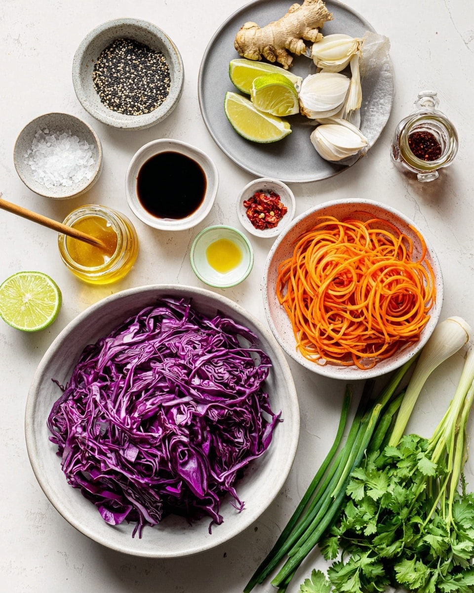 The image shows an overhead view of several ingredients arranged neatly on a white marbled surface. In the bottom left, there is a large white bowl filled with thinly sliced purple cabbage, showing its bright, rich color and texture. To the right, a smaller white bowl contains thin, spiralized orange carrot strips neatly stacked in layers. Around these bowls are small containers with various ingredients: a bowl with mixed black and white sesame seeds, a small bowl of coarse salt, and tiny bowls with red chili flakes, light golden oil, dark soy sauce, clear rice vinegar, and honey with a wooden dipper resting in the jar. A small gray plate holds fresh slices of ginger root and shallots. On the far right, there are fresh green onions laying diagonally, a halved lime, and a bunch of fresh cilantro with bright green leaves. The photo taken with an iphone --ar 4:5 --v 7