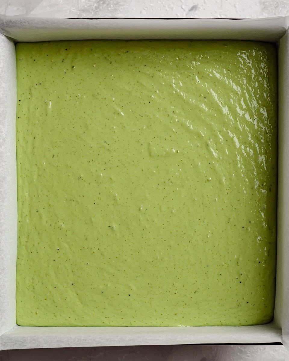 The image shows a single even layer of smooth, green batter with tiny dark specks spread in a white square baking pan lined with parchment paper. The surface is creamy and slightly glossy with a few small bubbles and slight indentations. The pan sits on a white marbled texture surface. Photo taken with an iphone --ar 4:5 --v 7