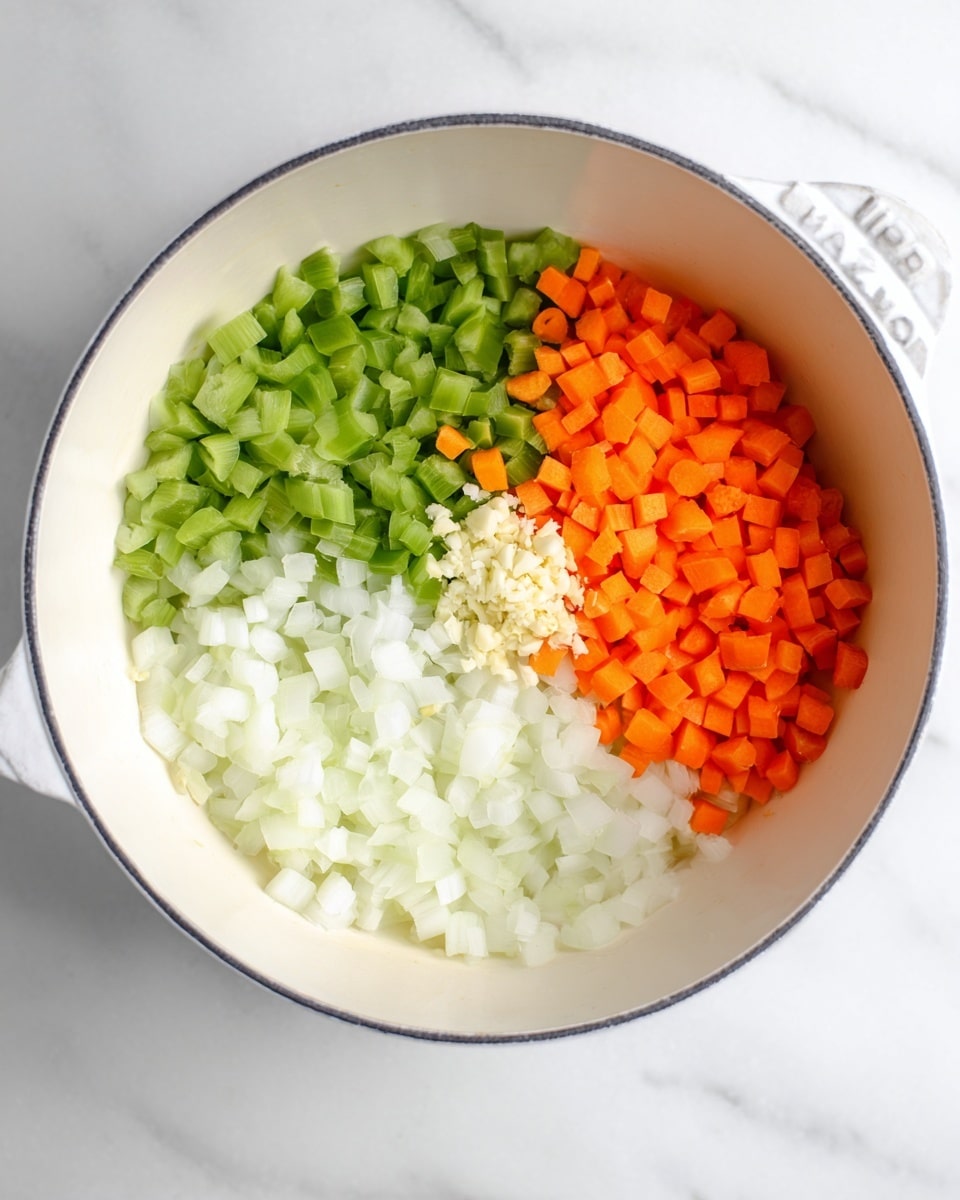 A white pot on a white marbled surface contains four groups of chopped vegetables arranged separately inside. At the top right, there is a pile of small orange carrot cubes. To the left side, there are small green celery pieces. At the bottom left, finely chopped white onion pieces form a group. Finally, in the center right, there is a small amount of minced garlic. The vegetables show different textures and fresh colors inside the pot. Photo taken with an iphone --ar 4:5 --v 7
