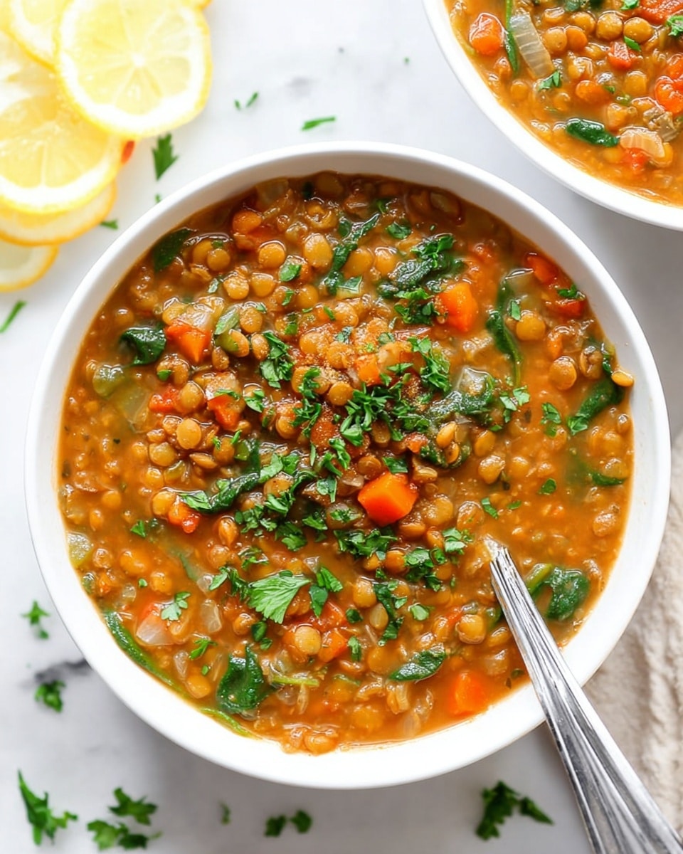 A white bowl filled with thick lentil soup showing multiple layers of small round lentils, diced orange carrot pieces, translucent onion bits, and soft green spinach leaves mixed evenly in a rich orange-brown broth, topped with fresh chopped green parsley scattered on the surface. A silver spoon rests inside the bowl on the right side. Part of another similar bowl is visible in the top right corner. The background is a white marbled texture with a sliced lemon on the left edge. The overall look is warm and fresh with mixed smooth and chunky textures photo taken with an iphone --ar 4:5 --v 7