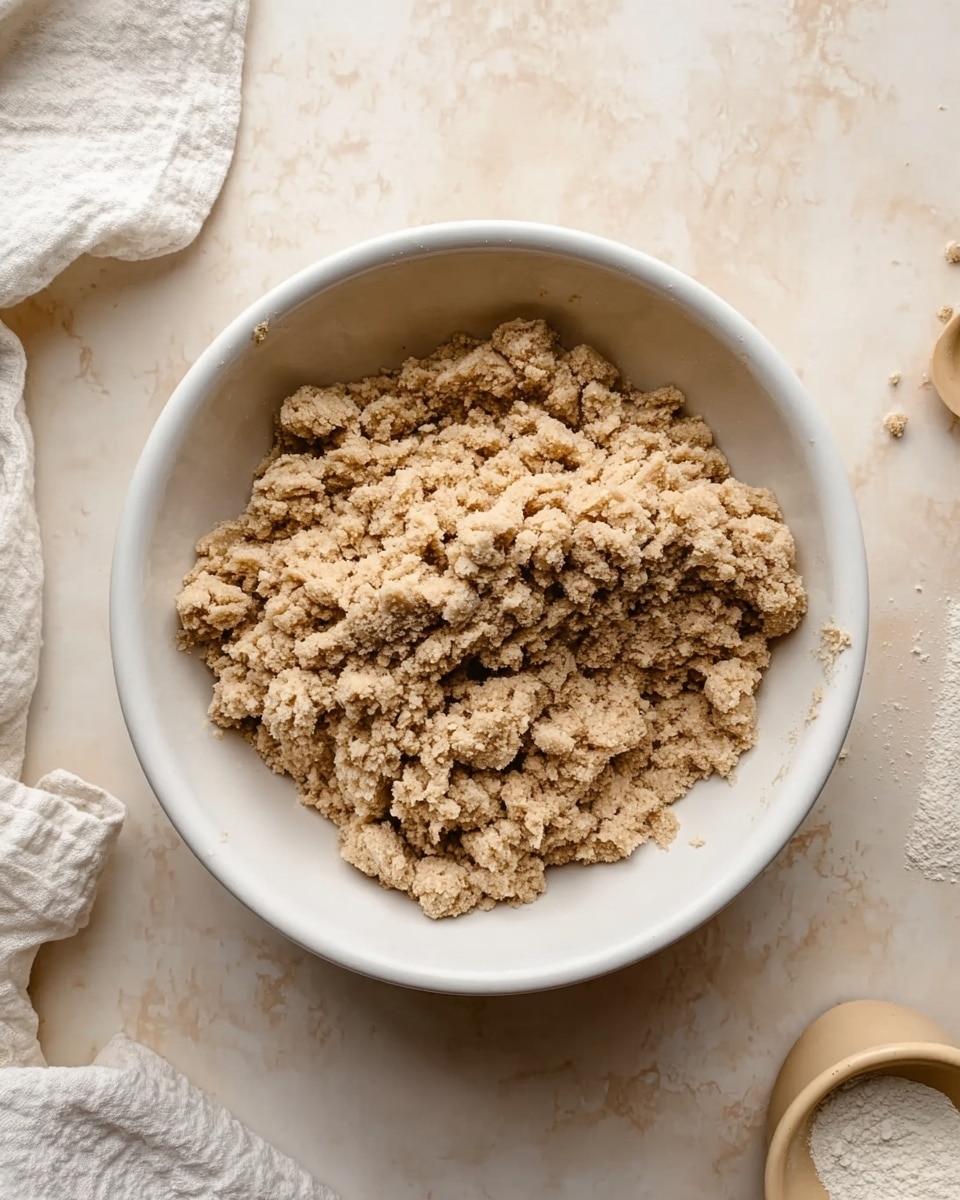 A white bowl filled with crumbly, light brown dough sitting on a white marbled surface. The dough has a rough texture with uneven small and bigger chunks. Around the bowl, there is a white cloth and a beige small dish with white powder inside. The overall scene is lit well, showing details of the dough and the soft colors of the objects. photo taken with an iphone --ar 4:5 --v 7