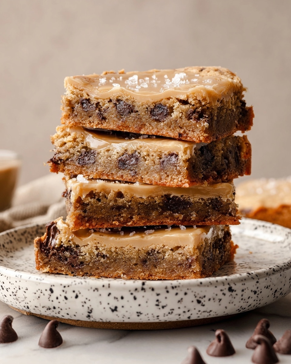 A stack of four chocolate chip cookie bars is shown on a white plate with black specks, layered with a light tan frosting on top of each bar. Each bar has a dense brown cookie base filled with large chocolate chip chunks inside, creating a textured look. The frosting on top is smooth with a shiny finish and is sprinkled with small white salt flakes. The plate rests on a white marbled surface with some chocolate chips scattered around it. Photo taken with an iphone --ar 4:5 --v 7