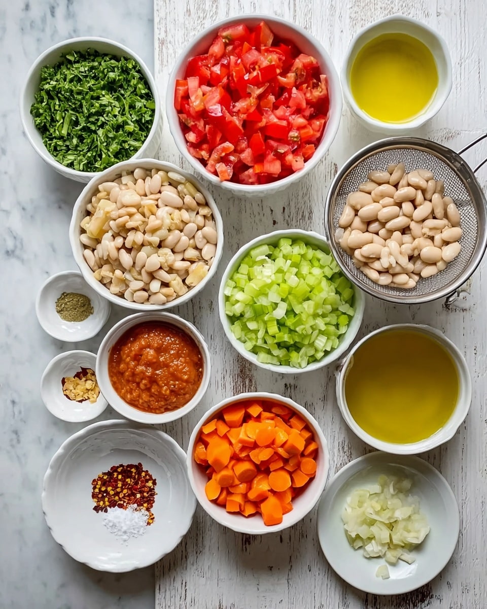 The image shows several white bowls and small plates arranged on a white marbled surface, each holding different cooking ingredients. There are nine white containers with colorful contents: diced red tomatoes in one bowl, bright green chopped parsley in a small bowl, orange carrot slices in another, light green celery pieces in one bowl, finely chopped white onion in a larger bowl, a colander filled with white beans, a small dish of tomato paste with a smooth texture, a clear measuring cup with yellow olive oil, and another clear measuring cup with light yellow broth. Small white plates hold minced garlic, red chili flakes, and coarse salt. The ingredients are clean and neatly placed, bright in color, ready for cooking. Photo taken with an iphone --ar 4:5 --v 7