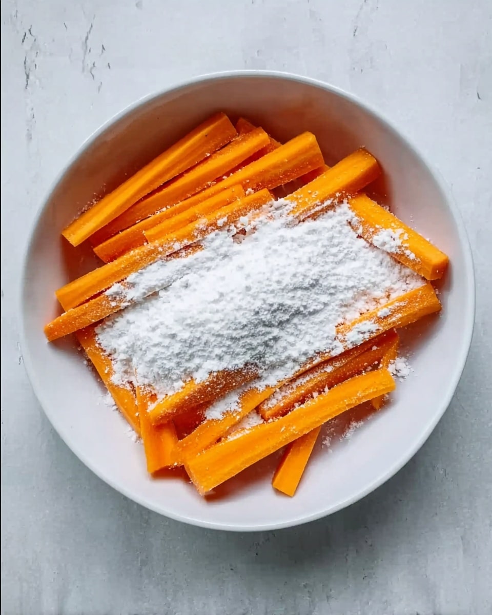 The image shows a white bowl filled with bright orange carrot sticks arranged side by side in one layer. On top of the carrot sticks, there is a generous layer of white powder, evenly spread in the middle, creating a strong contrast with the orange color of the carrots. The bowl sits on a white marbled surface. photo taken with an iphone --ar 4:5 --v 7