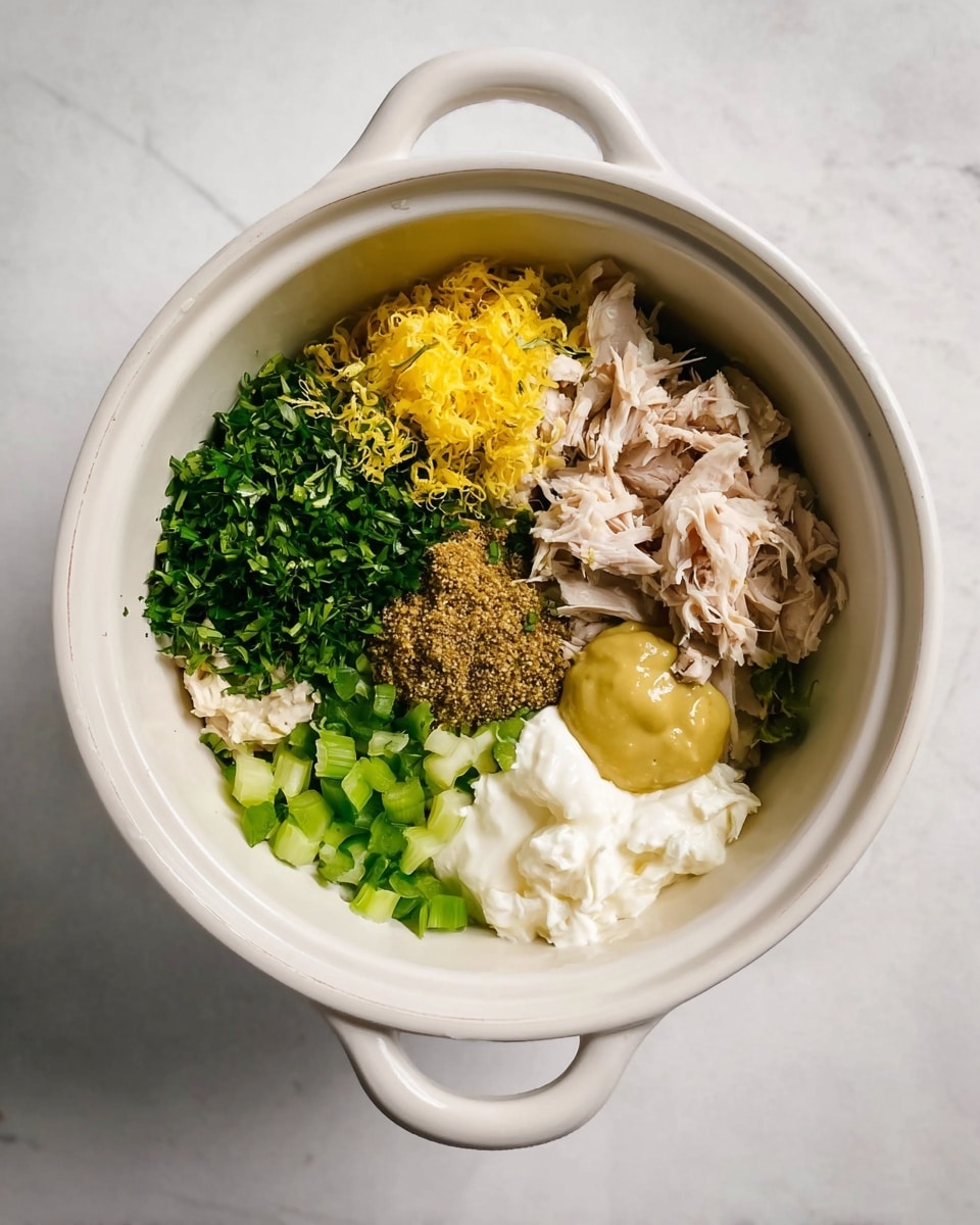 Inside a white bowl with two handles, there are several separate layers of ingredients arranged side by side. On the top left, there is a pile of finely chopped fresh green herbs, next to bright yellow shredded lemon zest. To the right, there are shredded light beige pieces of cooked chicken. Below the chicken, there is a small mound of brown grainy mustard and beside it a dollop of smooth yellow mustard. On the bottom right, chopped green celery pieces are grouped together. Moving left along the bottom edge, there are white creamy layers of mayonnaise and sour cream, with some small green pickle pieces scattered in the middle. The bowl rests on a white marbled textured surface photo taken with an iphone --ar 4:5 --v 7