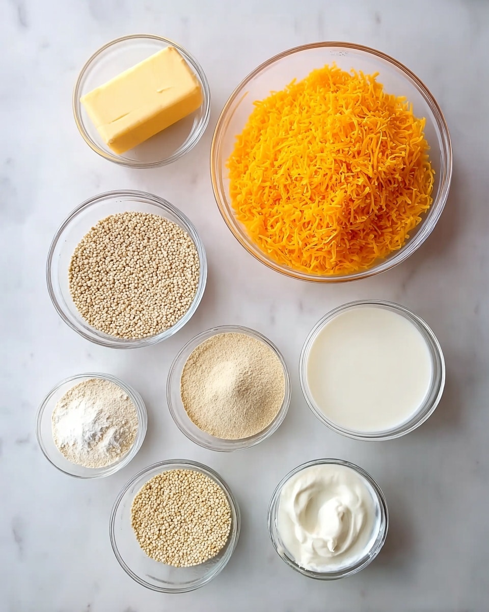 The image shows seven clear glass bowls placed on a white marbled surface. The largest bowl at the top center is filled with bright orange shredded cheese. To the left, there is a small bowl with a solid yellow block of butter. Directly below the cheese, a medium bowl contains small light beige grains that look like quinoa. To the right of the grains, another large bowl holds a white creamy liquid. Below these, three smaller bowls are lined in a row: the left one has white powder, the middle one contains a mix of light yellow and beige powders, and the right one is filled with thick white cream. Photo taken with an iphone --ar 4:5 --v 7