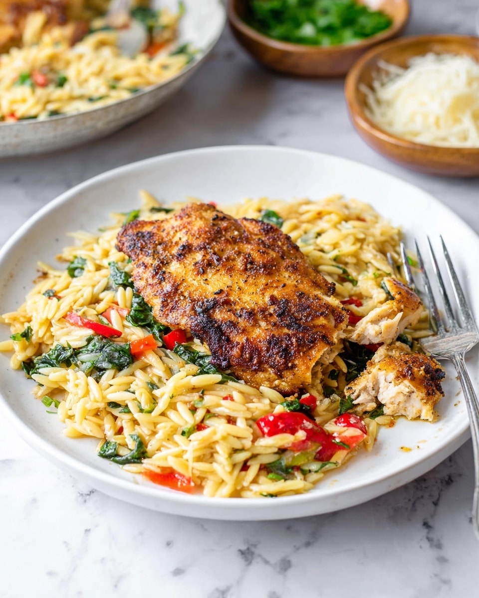 A white plate on a white marbled surface holds a meal with two main layers visible. The bottom layer is a bed of yellowish orzo pasta mixed with small pieces of red bell pepper and dark green leafy vegetables, giving varied color and texture. On top, slightly off-center, lies a browned, pan-seared piece of chicken with a crispy, golden-brown crust, showing some darker charred spots. A fork rests on the right side of the plate with a small piece of chicken on it. In the background, there are blurred bowls with green herbs and shredded white cheese. Photo taken with an iphone --ar 4:5 --v 7