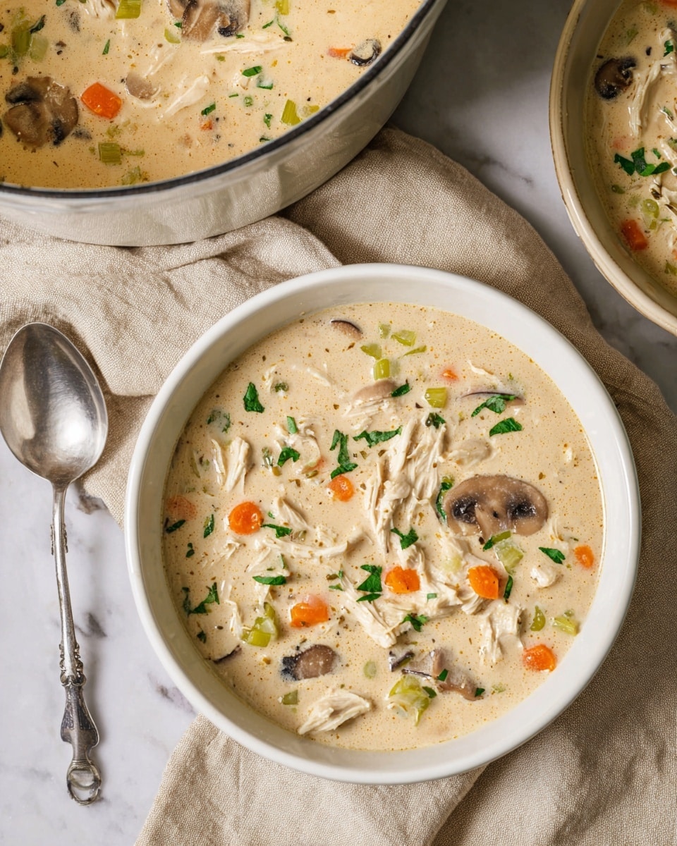 A bowl filled with creamy chicken soup that has a thick, light beige base with visible chunks of shredded white chicken, round slices of brown mushrooms, small bright orange carrot pieces, and light green celery bits spread evenly throughout. The soup is garnished with small green herb leaves scattered on top. The bowl is white with a slightly shiny surface, set on a beige cloth with a soft texture, and a silver spoon is placed beside the bowl. The image includes a matching white pot with the same soup inside nearby, all on a white marbled surface. Photo taken with an iphone --ar 4:5 --v 7