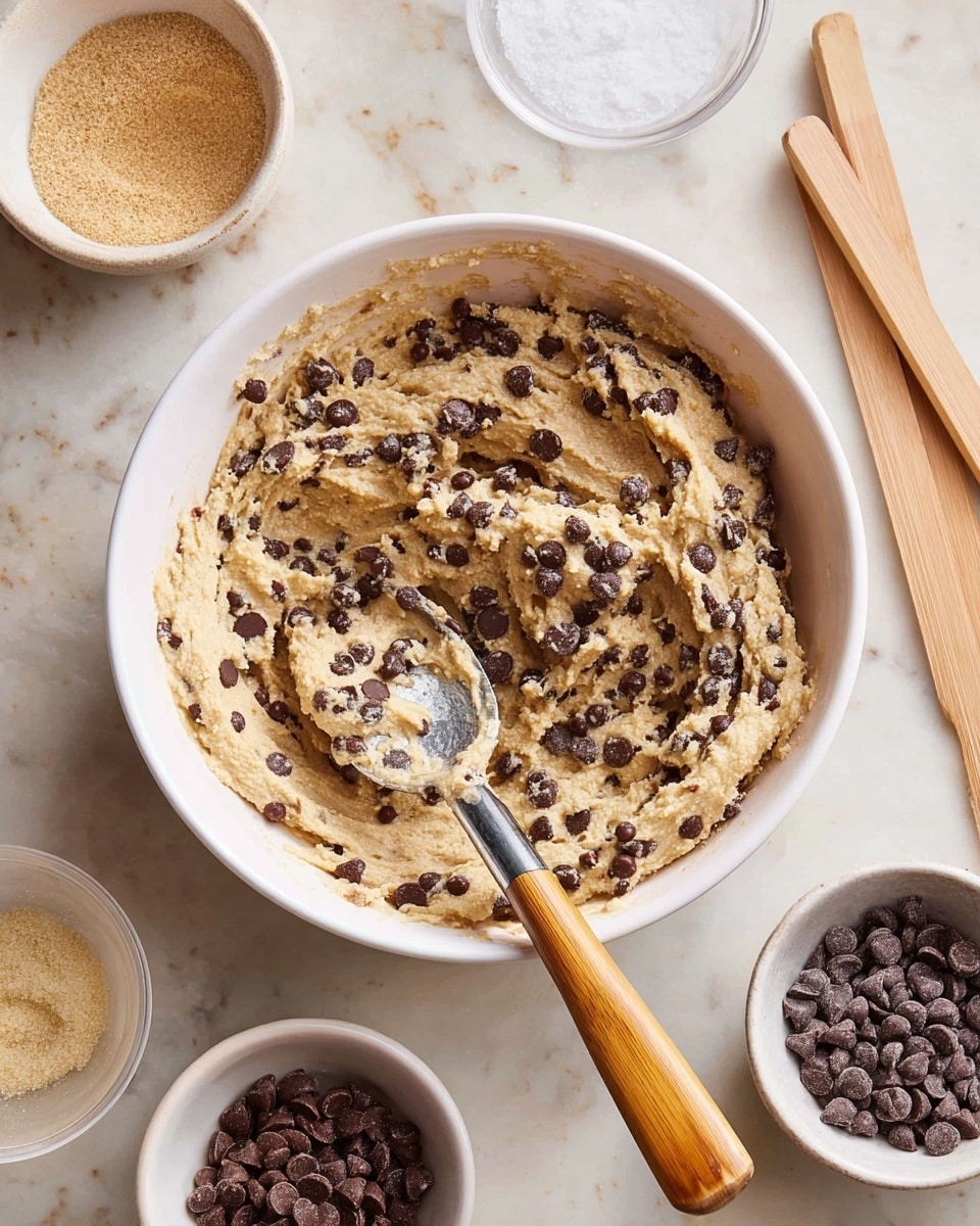 A white bowl filled with a thick beige mixture dotted with many small dark brown chocolate chips, showing a spoon with a wooden handle scooping part of the mixture. Around the bowl are small white bowls holding ingredients like light brown sugar and dark chocolate chips, all placed on a white marbled surface. There are also several plain wooden sticks near the top right of the bowl. Photo taken with an iphone --ar 4:5 --v 7