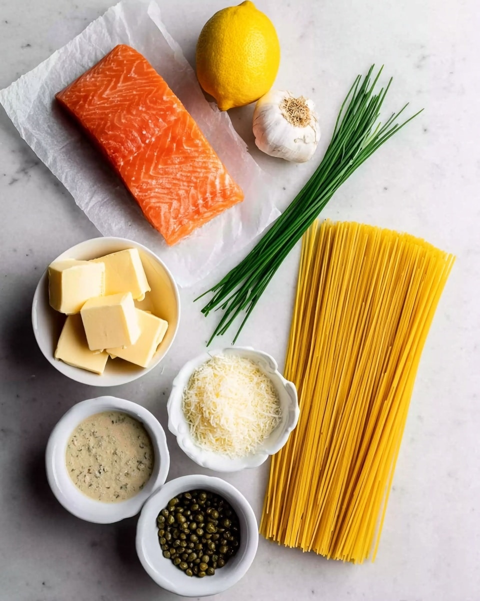 The image shows ingredients arranged neatly on a white marbled surface. There is a pile of uncooked long pasta laying flat on the right side. Above the pasta, there are two garlic cloves positioned next to a lemon. To the left of the pasta, there are five small cubes of butter in a small white bowl, with fresh green chives lying beside it. A piece of bright orange salmon rests on white paper near the middle top. Below the salmon, there are three small white bowls containing grated cheese, a creamy white sauce, and green capers. The colors are vibrant, showing fresh ingredients ready to be used. Photo taken with an iphone --ar 4:5 --v 7