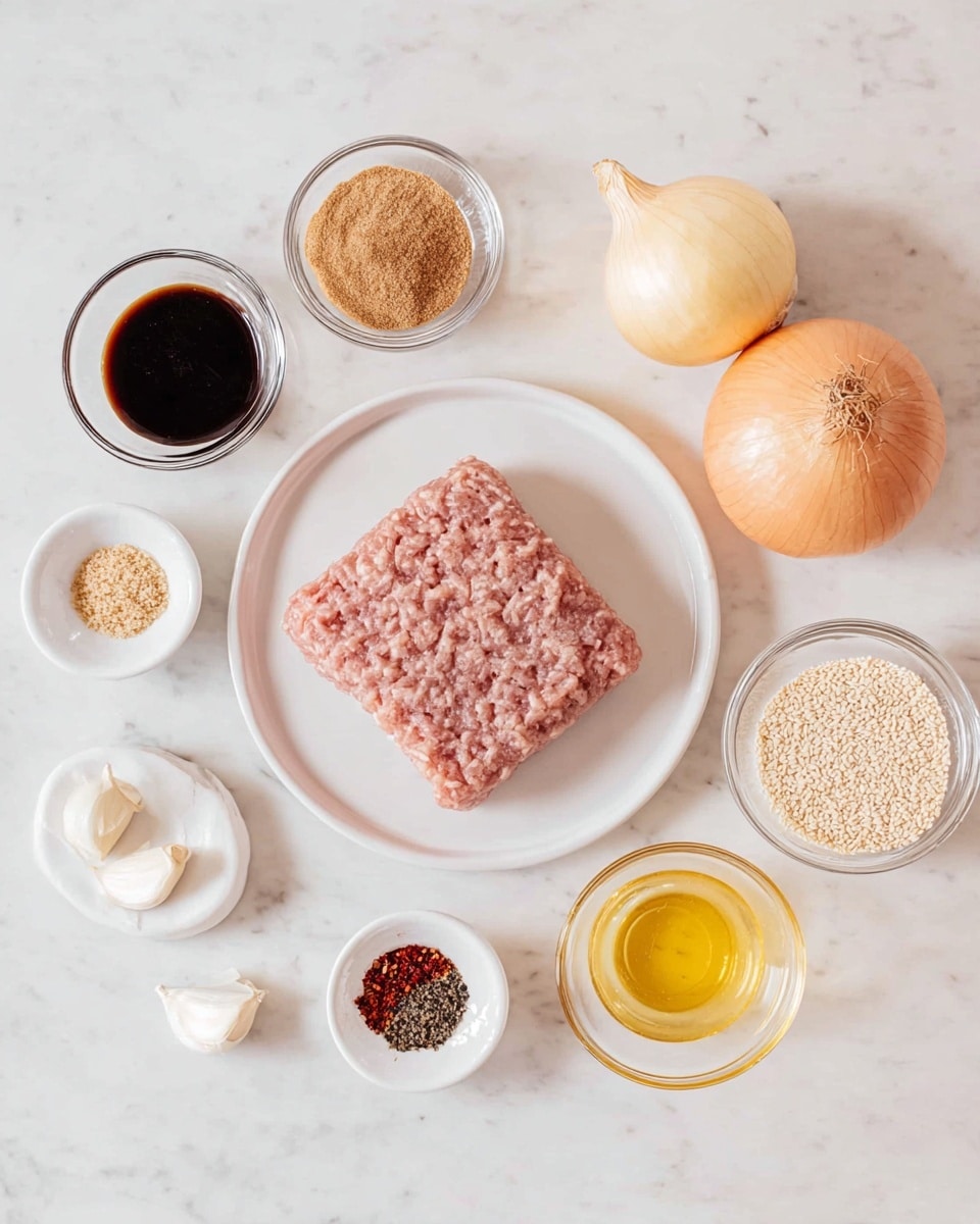 The image shows a white plate in the center holding a square block of raw, light pink ground meat with a slightly rough texture. Surrounding the plate on a white marbled surface are several small glass bowls and one white dish. At the top, there are two glass bowls, one filled with dark brown soy sauce and the other with light brown granulated sugar. To the right, there is a whole yellow onion and a small bowl filled with pale sesame seeds. Below these, there is a small glass bowl of clear liquid, a bowl with a golden liquid, and a bowl with four peeled garlic cloves. At the bottom left, a white dish holds three small piles of spices: ground black pepper, crushed red pepper flakes, and ground ginger. The arrangement is neat and organized, and the colors range from earthy browns and pale yellows to muted white and pink, all on a clean white marbled background. photo taken with an iphone --ar 4:5 --v 7
