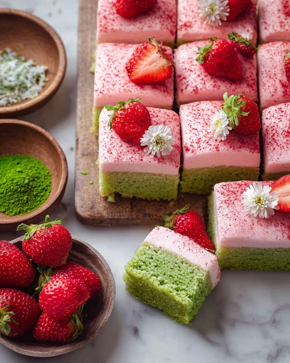 The image shows a tray of square cake pieces with two main layers: a bottom green cake layer with a soft, moist texture and a top thick layer of pink frosting with a smooth and creamy look, dusted lightly with red powder. Each piece is neatly cut and arranged close together on a white marbled surface. Some squares have a fresh whole strawberry and small white flowers on top as decoration. A brown bowl with whole strawberries and another brown bowl containing green powder sit beside the tray, with one square piece separated and placed near them, showing the layers clearly. Photo taken with an iphone --ar 4:5 --v 7