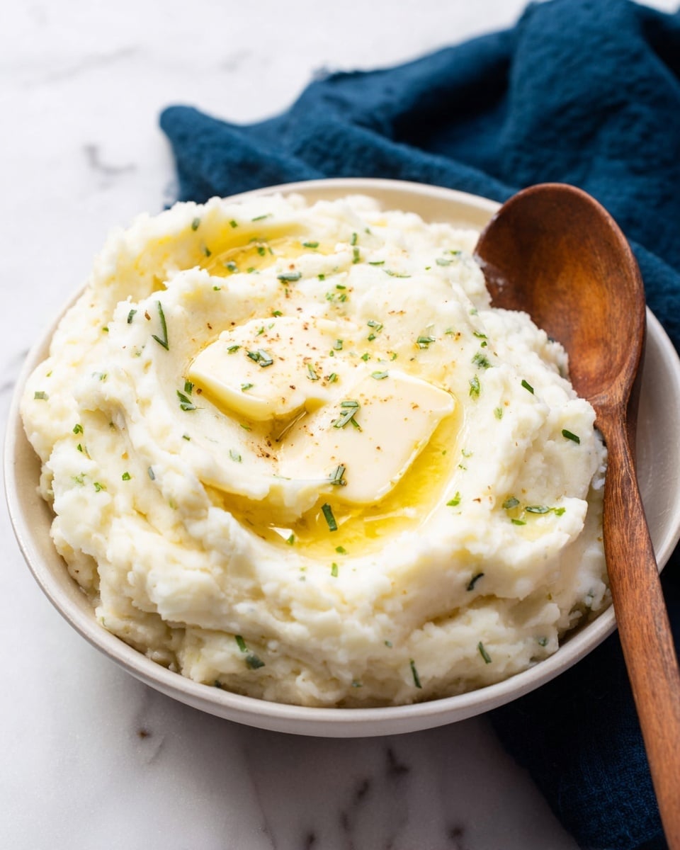 A bowl filled with two thick layers of creamy white mashed potatoes shows a smooth and fluffy texture with small pieces of green herbs mixed in. On top of the mash, there is a dollop of white butter slowly melting, creating a shiny, golden pool around it. The bowl is white and has a wooden spoon resting inside it on the right side. The background is a white marbled surface with a dark blue cloth partially visible behind the bowl. photo taken with an iphone --ar 4:5 --v 7
