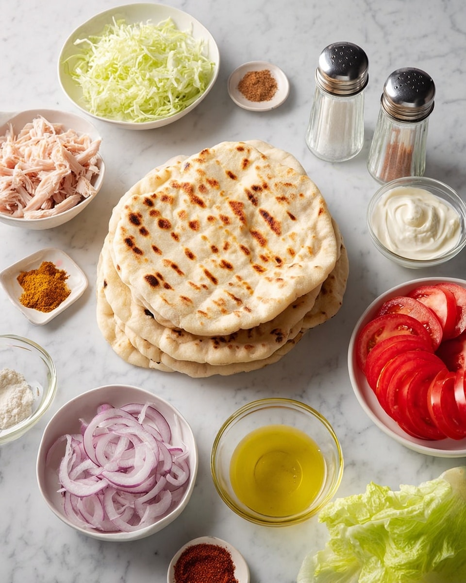 A stack of four round flatbreads with grill marks, light golden with some darker spots, sits in the center on a white marbled surface. Around it, there are several small white bowls containing different ingredients: finely chopped raw pale pink chicken in one bowl, shredded green lettuce leaves in another, and sliced red tomatoes with thin rings of purple onions on a small white plate. Other bowls hold a white creamy sauce, bright yellow oil, finely grated pale yellow garlic, and small mounds of red and brown spices. Two tall shaker bottles with silver tops are placed behind the flatbreads. The overall scene is bright and clean, viewed from above. Photo taken with an iphone --ar 4:5 --v 7
