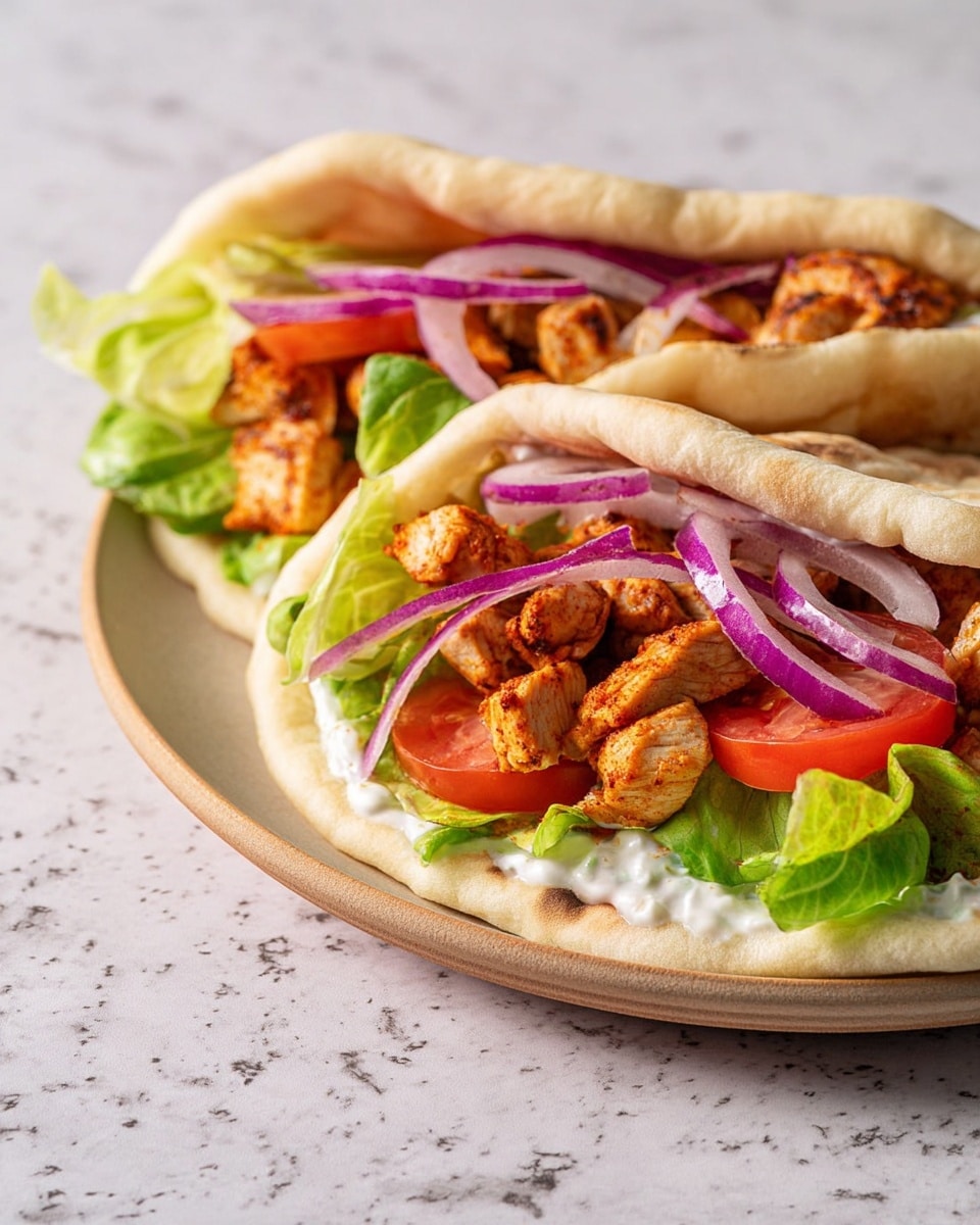 Two pita wraps are laid side by side on a beige plate placed on a white marbled surface. The base layer inside each pita is a spread of white sauce, topped with fresh bright green lettuce leaves. On top of the lettuce are chunks of cooked, browned chicken pieces, giving a warm orange tone. Layered thinly over the chicken are bright red tomato slices, and finishing the wraps are thin rings of fresh purple-red onion placed on top, adding a sharp contrast of color. The pitas themselves are light brown with soft texture, folded gently to hold the layers inside. Photo taken with an iphone --ar 4:5 --v 7