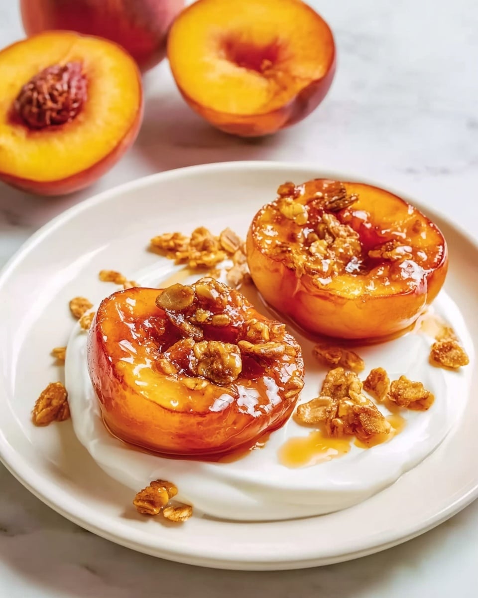 The image shows a white plate on a white marbled surface with two peach halves placed on a swirl of smooth white yogurt. The peaches are roasted, giving them a warm orange-brown color with caramelized edges, and are topped with small clusters of golden-brown granola scattered over and around them. In the background, there are two halved peaches with bright yellow-orange flesh and a deep red pit area, adding a fresh raw contrast to the cooked fruit on the plate. A soft light highlights the glossy texture of the syrup glazed on the peaches. Photo taken with an iphone --ar 4:5 --v 7