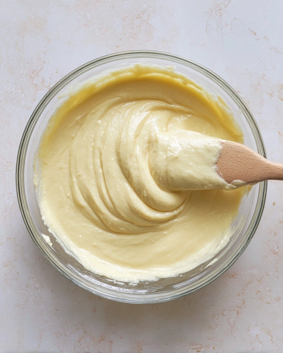 A clear glass bowl filled with a smooth, thick, pale yellow batter with a creamy texture is placed on a white marbled surface. A wooden spatula coated in the same batter rests inside the bowl with some batter folded over it, showing a soft and light consistency. The batter has subtle folds and gentle peaks, indicating it has been recently stirred. Photo taken with an iphone --ar 4:5 --v 7
