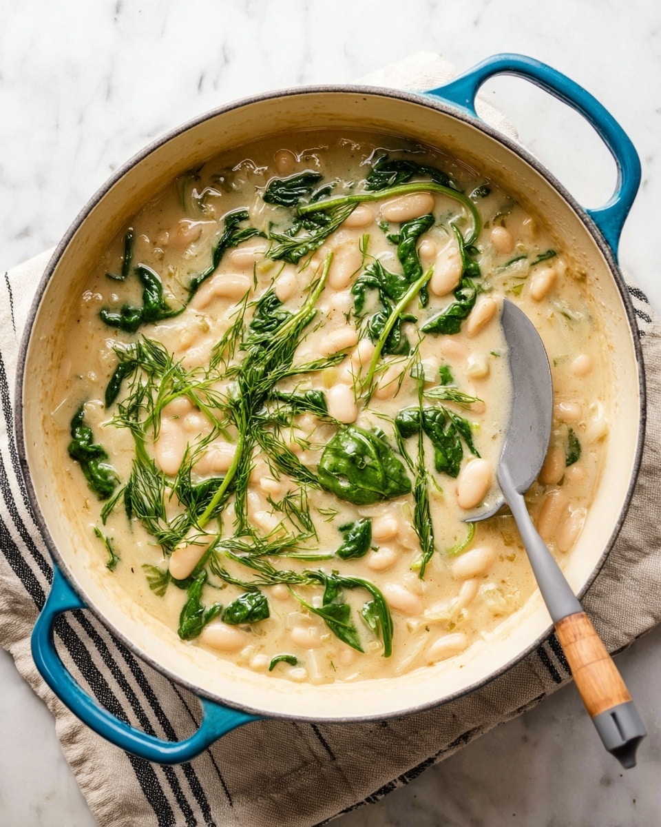 A light beige creamy soup fills a white pot with a blue handle, showing soft white beans and translucent cooked onions mixed throughout. Bright green spinach leaves and small sprigs of fresh dill float on the surface, adding texture and color contrast, while a gray spoon with a wooden handle rests on the right side inside the pot. The pot sits on a beige cloth with black stripes over a white marbled textured surface. photo taken with an iphone --ar 4:5 --v 7