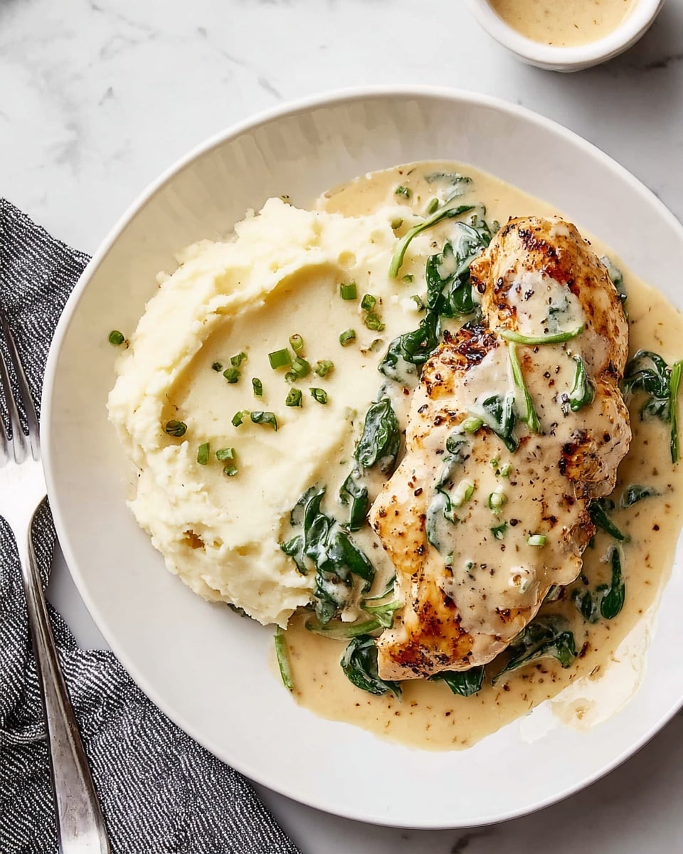 A white plate shows two main parts: on the left, a smooth and creamy mashed potato layer with small green herb pieces sprinkled on top; on the right, a browned grilled chicken piece covered in a light beige creamy sauce with wilted spinach leaves scattered within it. The sauce partially overlaps the mashed potatoes. The plate sits on a white marbled surface, next to a black and white striped napkin with a fork placed on it. In the top corner, a small white bowl with a light-colored sauce is partly visible. Photo taken with an iphone --ar 4:5 --v 7