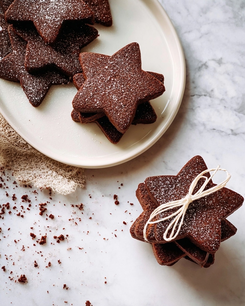 There are three star-shaped dark brown cookies lying flat on a white marbled surface scattered with cookie crumbs. Next to them is a white plate with a stack of five similar dark brown star-shaped cookies tied together with a light beige string. Both the loose cookies and the stacked cookies have a light dusting of white powder on top. The plate is on the white marbled surface. Photo taken with an iphone --ar 4:5 --v 7