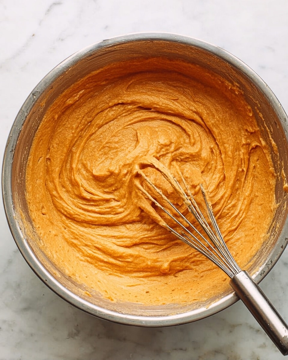 A close-up view of a metal bowl filled with a smooth, thick orange batter that has a slightly creamy texture. A metal whisk is partially dipped in the batter, creating swirled patterns on the surface. The bowl rests on a white marbled surface, enhancing the bright color of the mixture. The batter looks evenly mixed and dense without any visible lumps. photo taken with an iphone --ar 4:5 --v 7