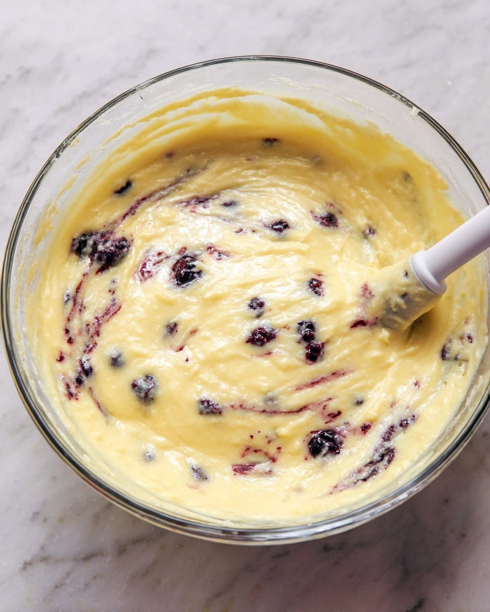 A clear glass bowl filled with light yellow cake batter mixed with small dark blackberries spread throughout. The batter has a smooth and creamy texture with slight swirls of berry juice creating thin, dark red lines. A white silicone spatula with a metal handle is partially dipped into the batter on the right side of the bowl. The bowl is placed on a white marbled surface. photo taken with an iphone --ar 4:5 --v 7